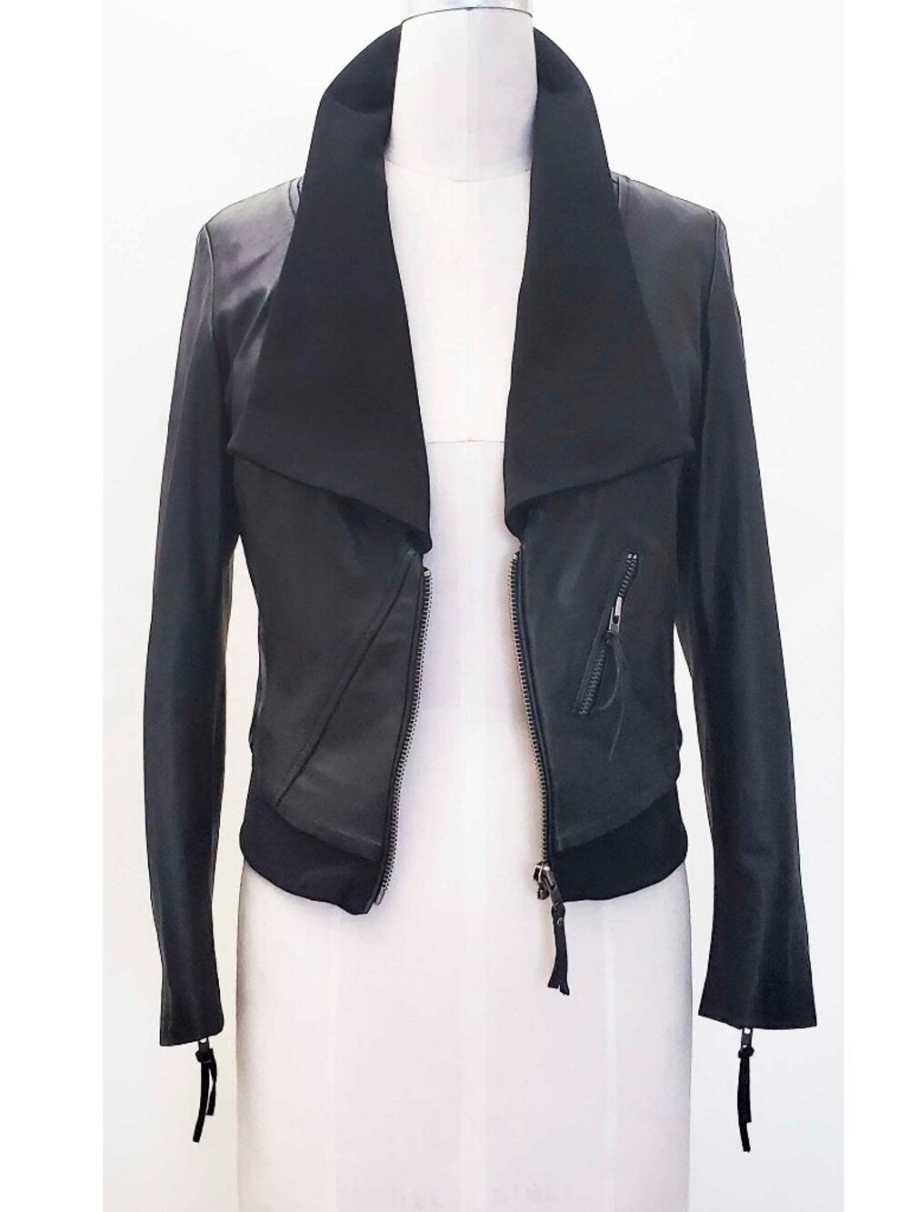 Muubaa Womens Black Fitted Biker Moto Jacket with Jersey Collar and Waist 8